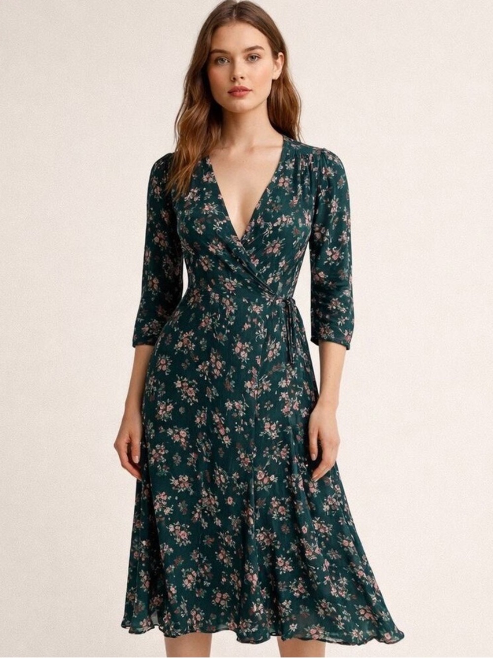 Reformation Melba Green Floral Wrap Midi Dress | Size XS